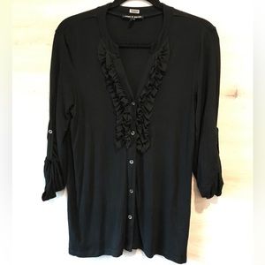 Cable&Gauge Black Ruffle Front Button Down Top